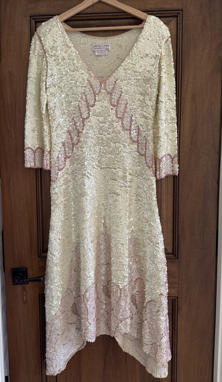 Vintage 80s Jenny Lewis London 100% Silk Sequin Dress Art Deco Handkerchief Hem